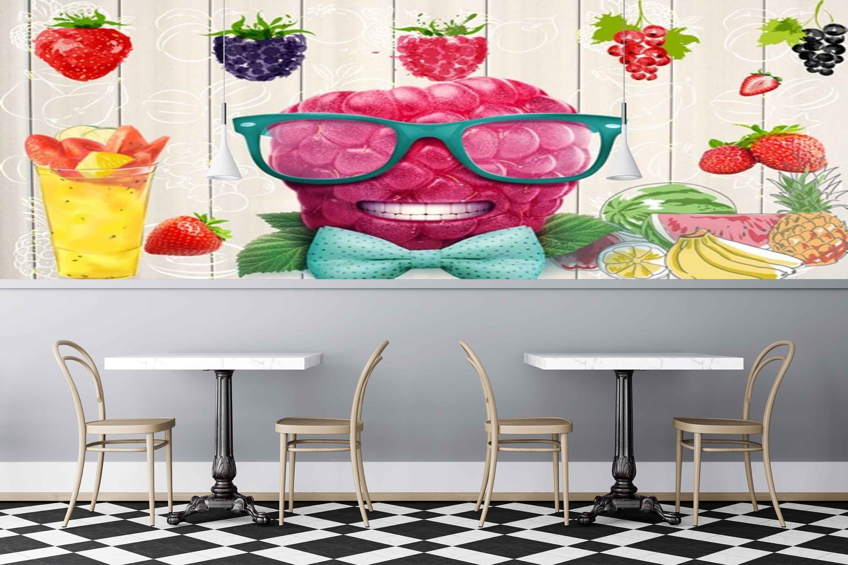 Avikalp MWZ3144 Strawberries Grapes Spectacles Drink Bananas HD Wallpaper for Cafe Restaurant