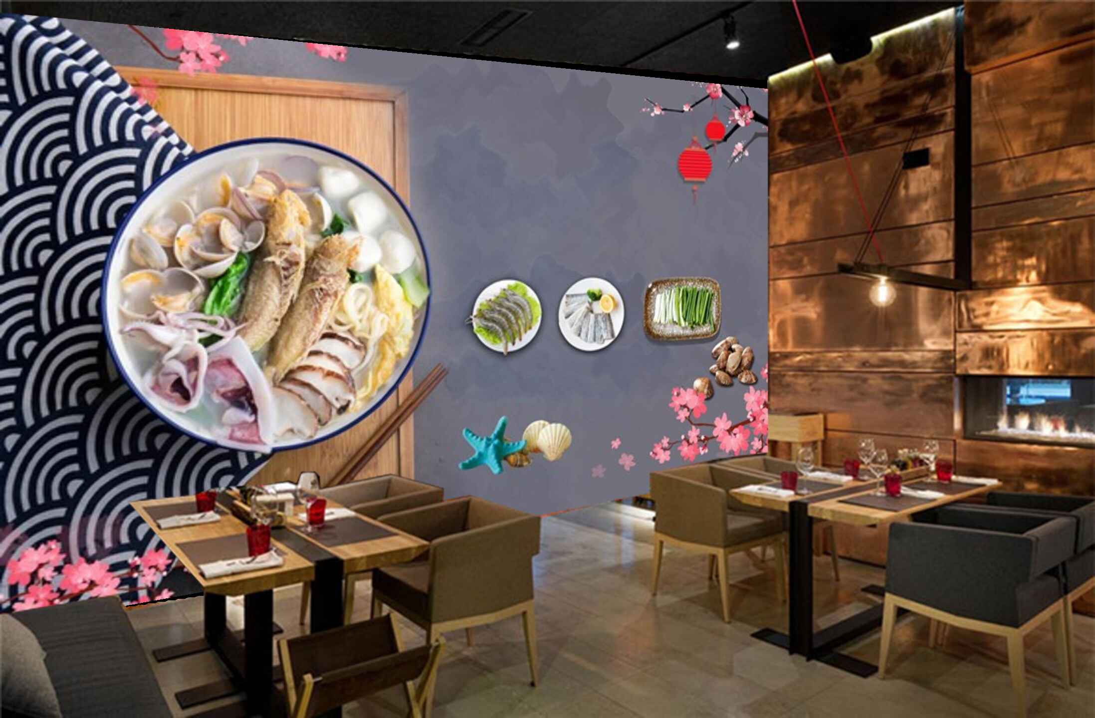 Avikalp MWZ3145 Meat Stones Flowers Wooden Board HD Wallpaper for Cafe Restaurant