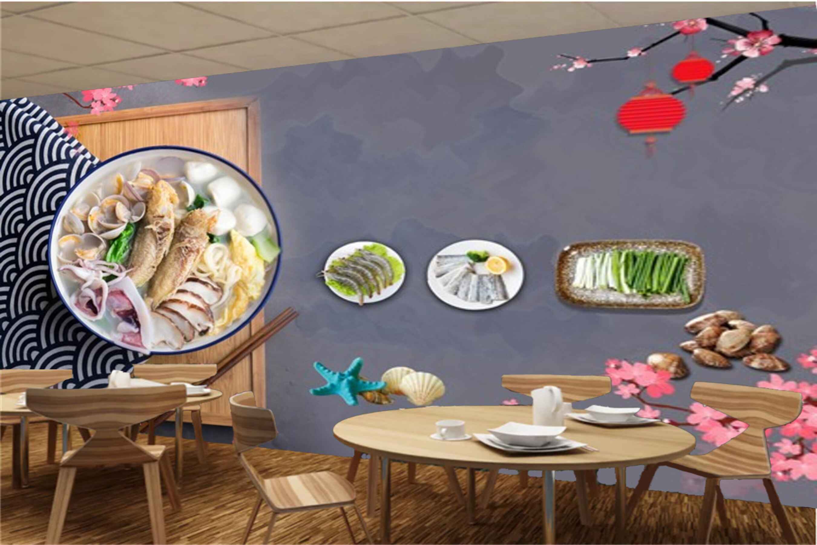 Avikalp MWZ3145 Meat Stones Flowers Wooden Board HD Wallpaper for Cafe Restaurant