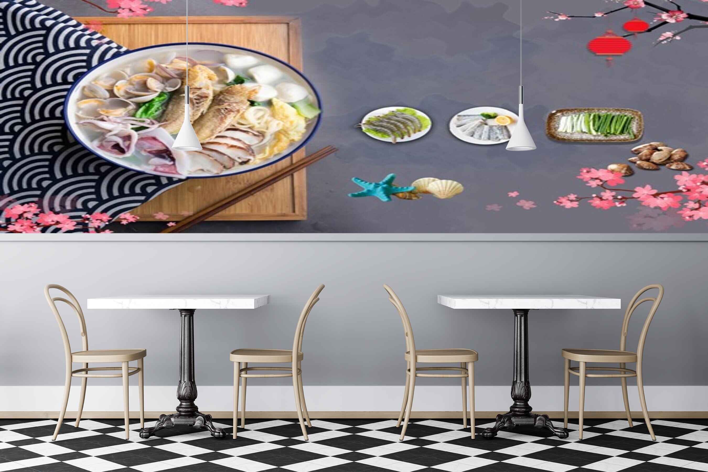 Avikalp MWZ3145 Meat Stones Flowers Wooden Board HD Wallpaper for Cafe Restaurant