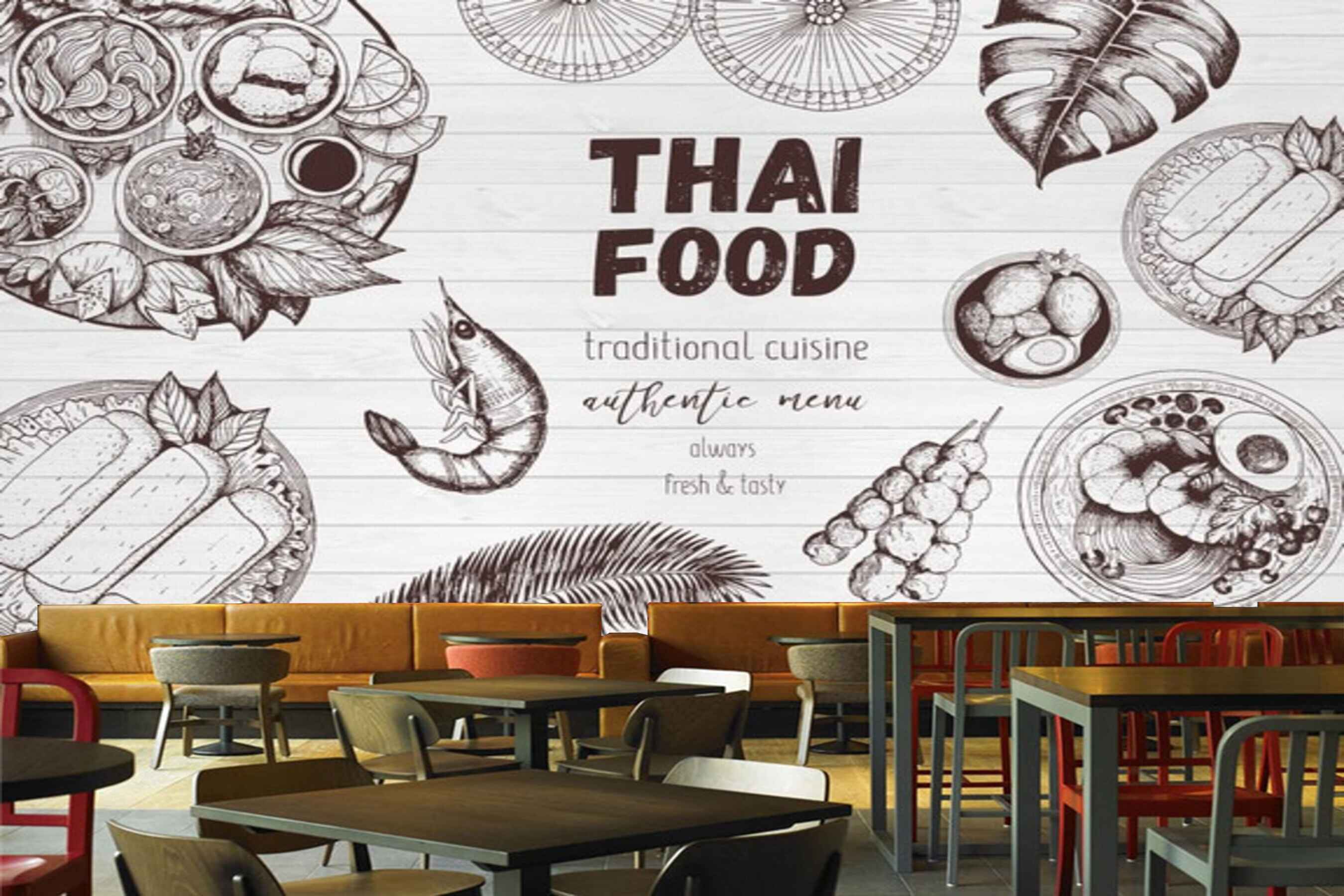 Avikalp MWZ3147 Thai Food Prawns Meat Bread Traditional Cuisine HD Wallpaper for Cafe Restaurant