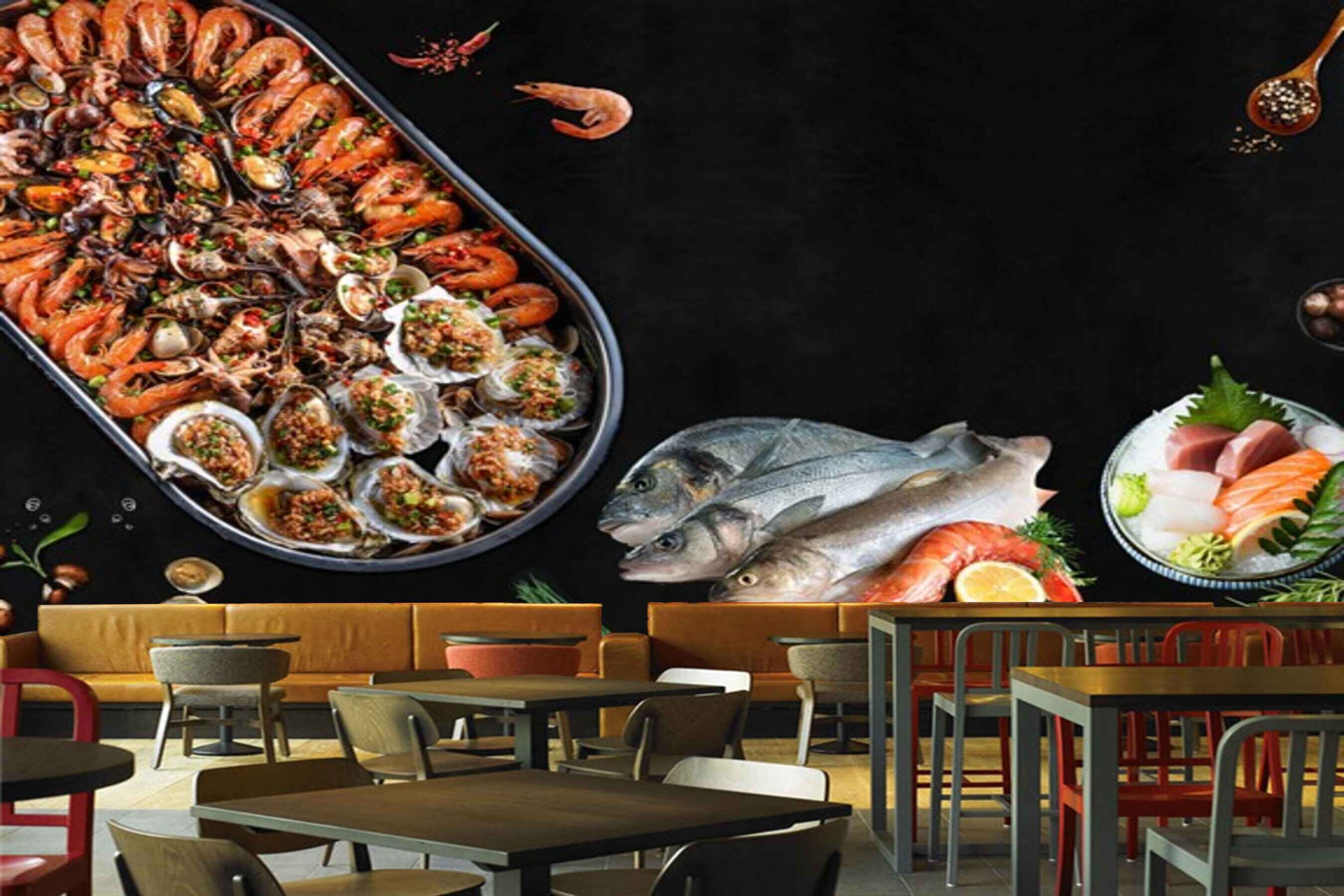 Avikalp MWZ3150 Meat Fishes Prawns Herbs HD Wallpaper for Cafe Restaurant