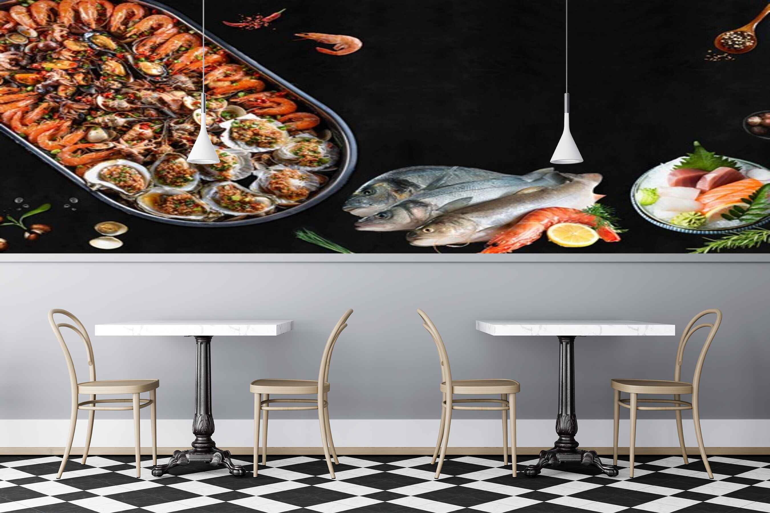 Avikalp MWZ3150 Meat Fishes Prawns Herbs HD Wallpaper for Cafe Restaurant