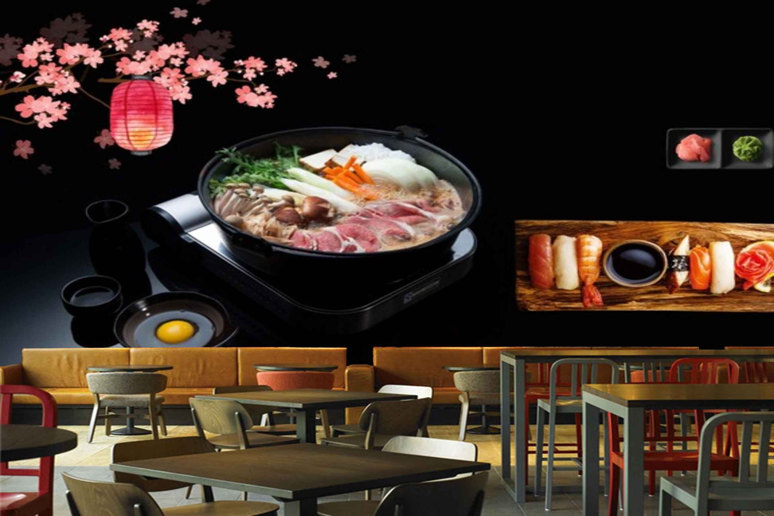 Avikalp MWZ3165 Meat Omlettes Pink Flowers Herbs HD Wallpaper for Cafe Restaurant