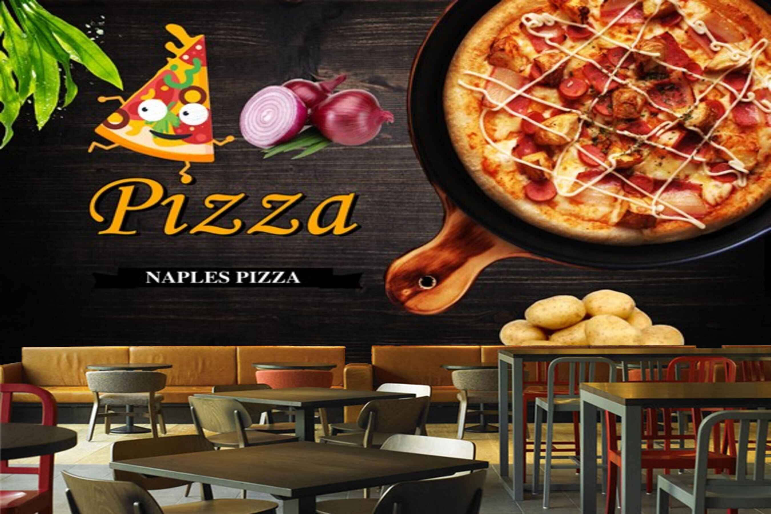 Avikalp MWZ3167 Pizza Potatoes Onions HD Wallpaper for Cafe Restaurant