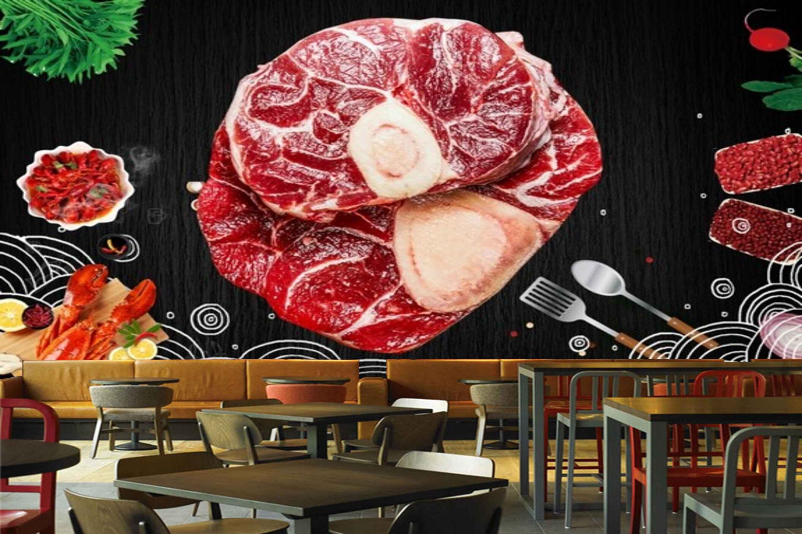 Avikalp MWZ3168 Meat Spoons Sauces Leaves Lemons HD Wallpaper for Cafe Restaurant