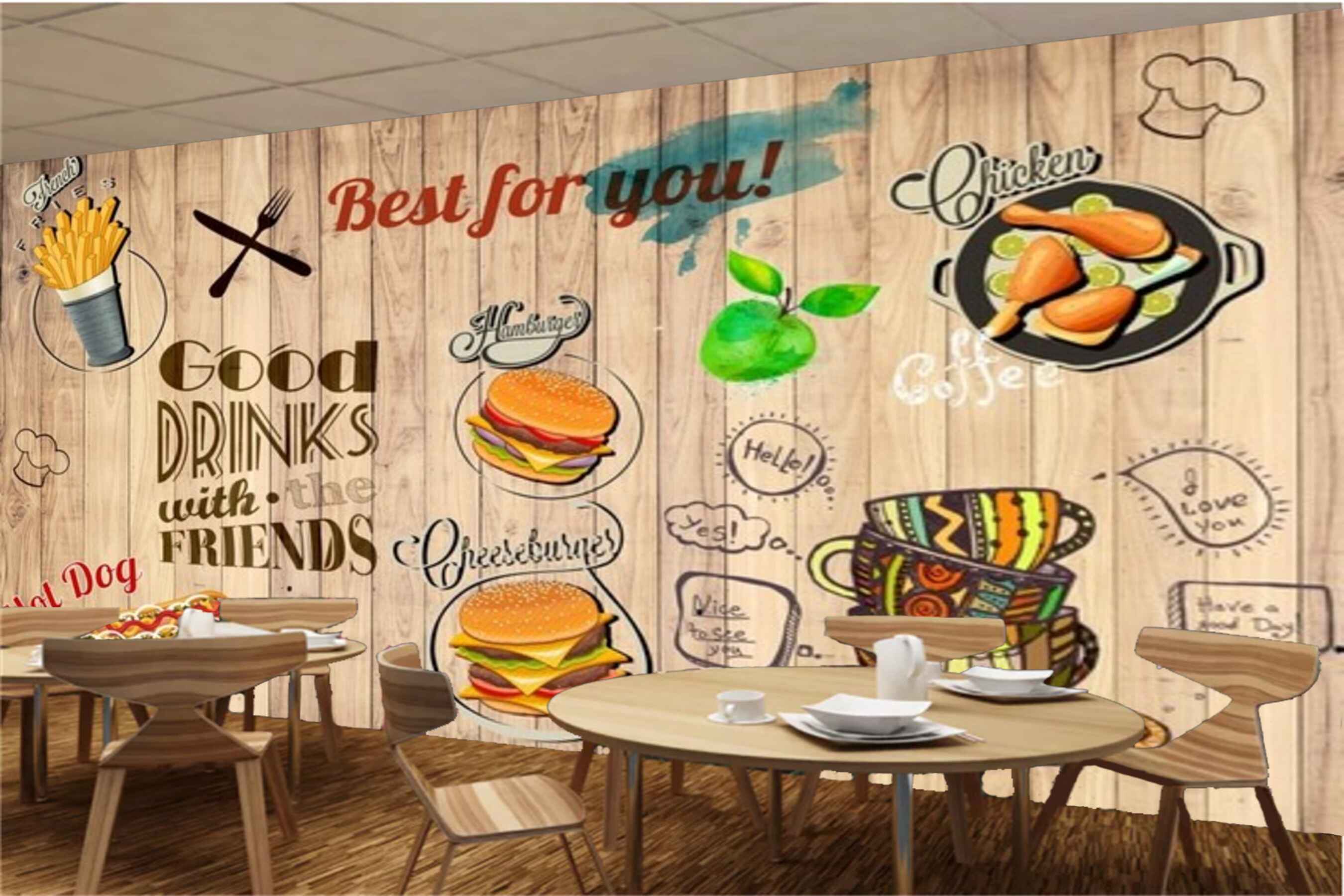 Avikalp MWZ3180 Hot Dog Drinks Coffee burger Fries HD Wallpaper for Cafe Restaurant