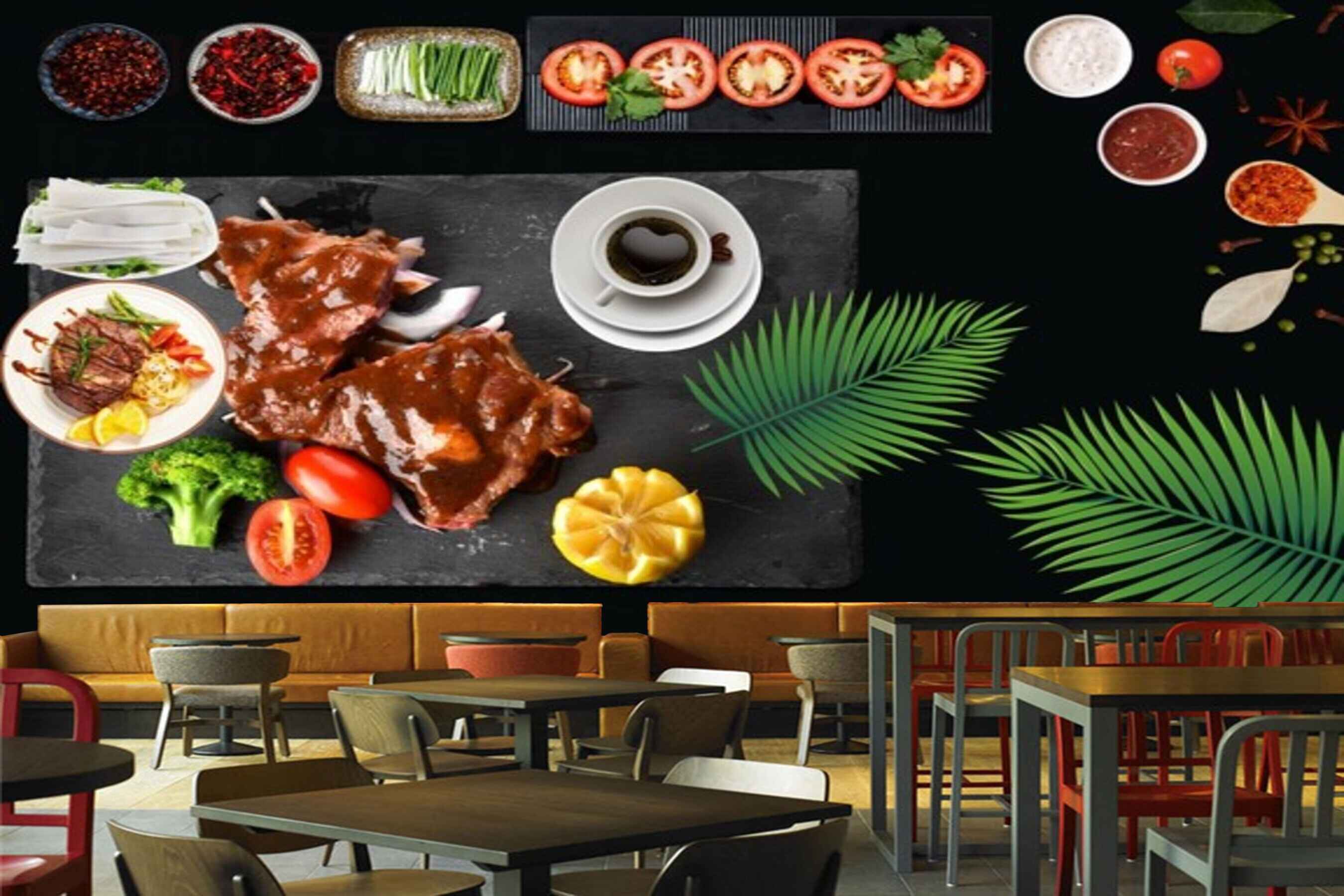 Avikalp MWZ3181 Food Meat Tomatoes Leaves Lettuce Coffee HD Wallpaper for Cafe Restaurant