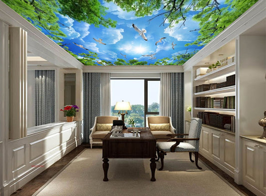 Avikalp MWZ3195 Green Trees Clouds Birds Sky HD Wallpaper for Ceiling