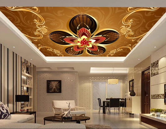 Avikalp MWZ3330 Red Brown Gold Flowers HD Wallpaper for Ceiling