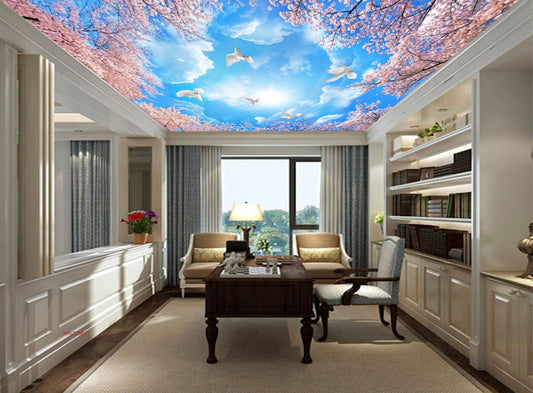 Avikalp MWZ3362 Peach Flowers Sky Birds Trees HD Wallpaper for Ceiling