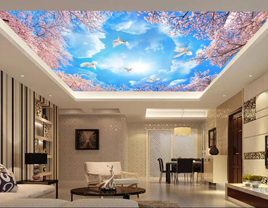 Avikalp MWZ3362 Peach Flowers Sky Birds Trees HD Wallpaper for Ceiling