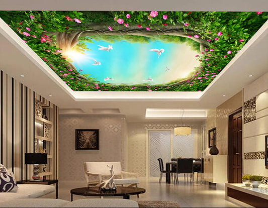 Avikalp MWZ3381 Trees Sky Flowers Birds HD Wallpaper for Ceiling