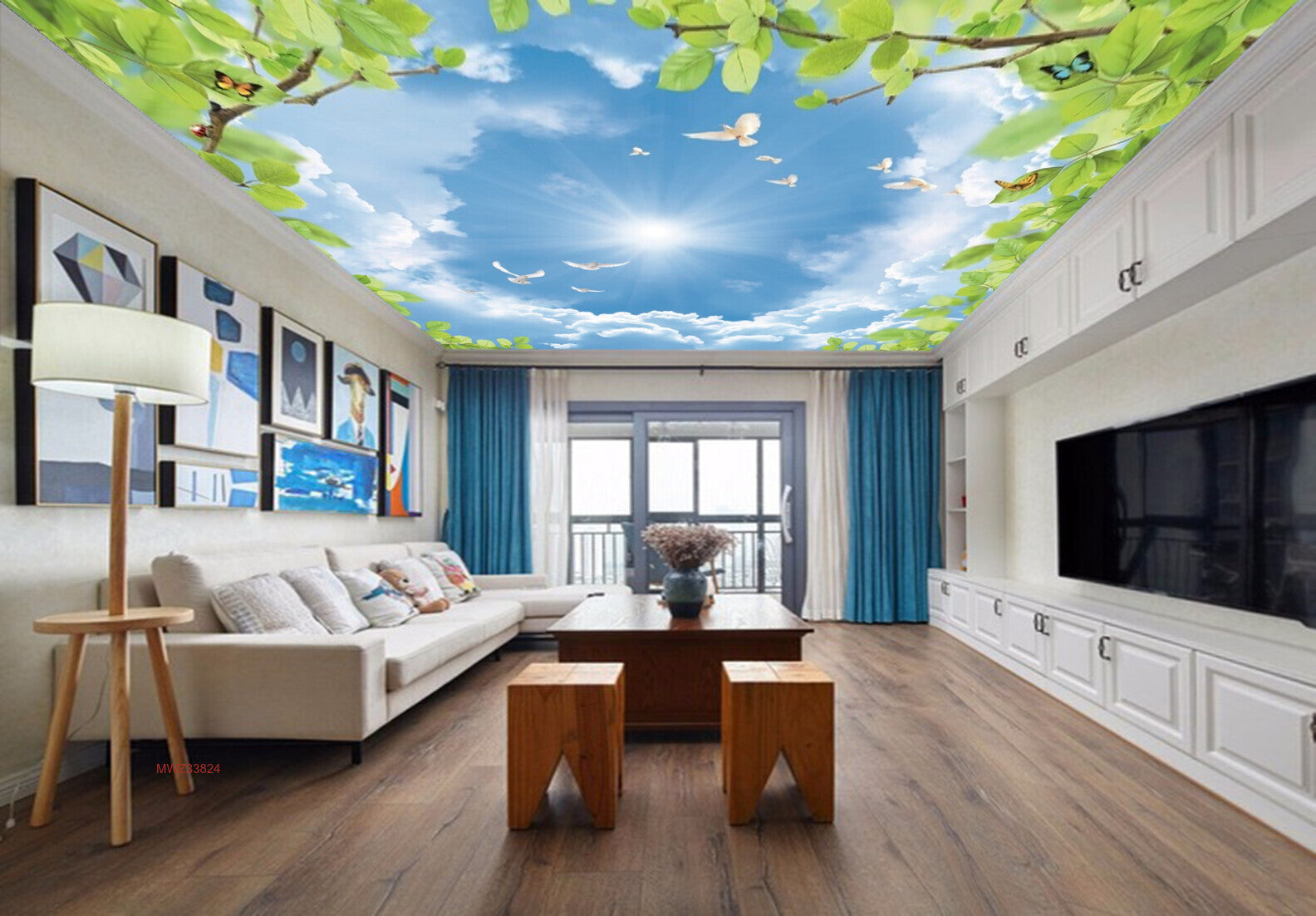 Avikalp MWZ3382 Sun Clouds Trees Birds HD Wallpaper for Ceiling