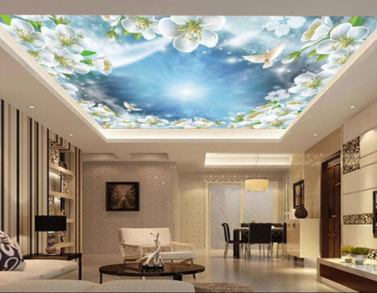 Avikalp MWZ3384 Clouds White Flowers Birds HD Wallpaper for Ceiling