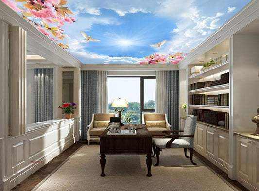 Avikalp MWZ3385 Birds Clouds Pink Flowers Trees HD Wallpaper for Ceiling