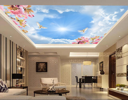 Avikalp MWZ3385 Birds Clouds Pink Flowers Trees HD Wallpaper for Ceiling