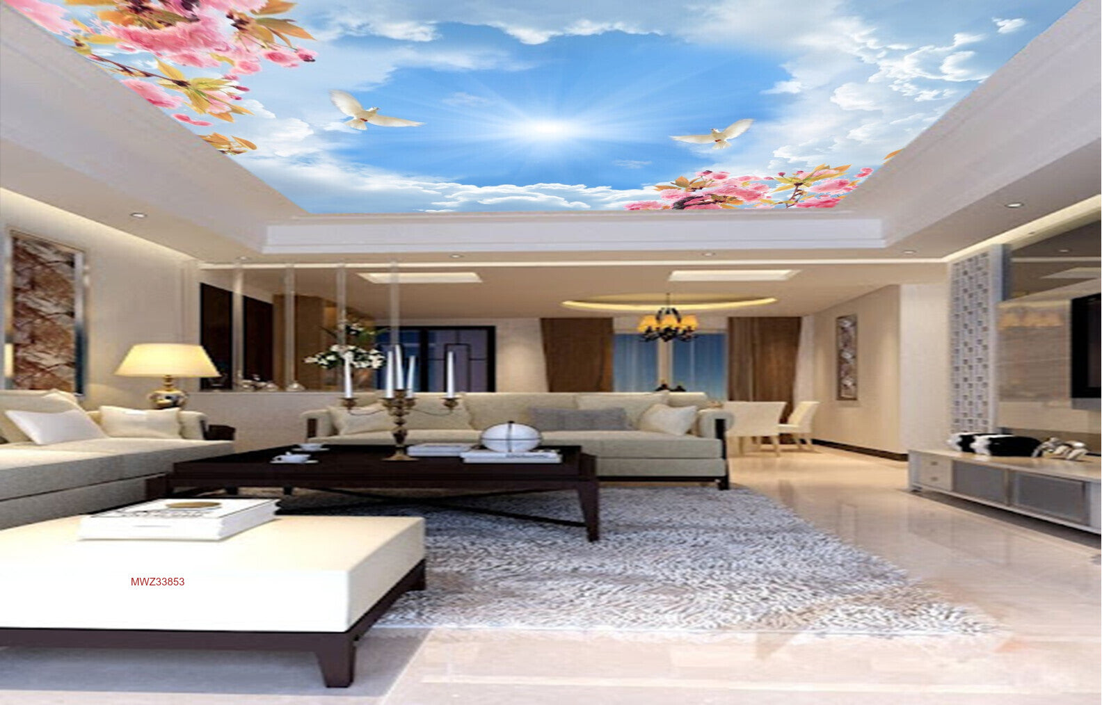 Avikalp MWZ3385 Birds Clouds Pink Flowers Trees HD Wallpaper for Ceiling