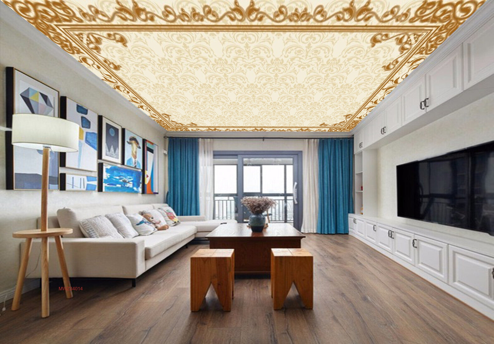 Avikalp MWZ3401 White Golden Floral Design HD Wallpaper for Ceiling
