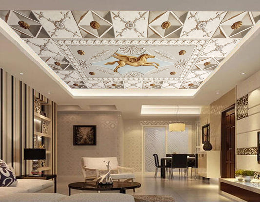 Avikalp MWZ3408 Golden Horse Flowers Tiles HD Wallpaper for Ceiling