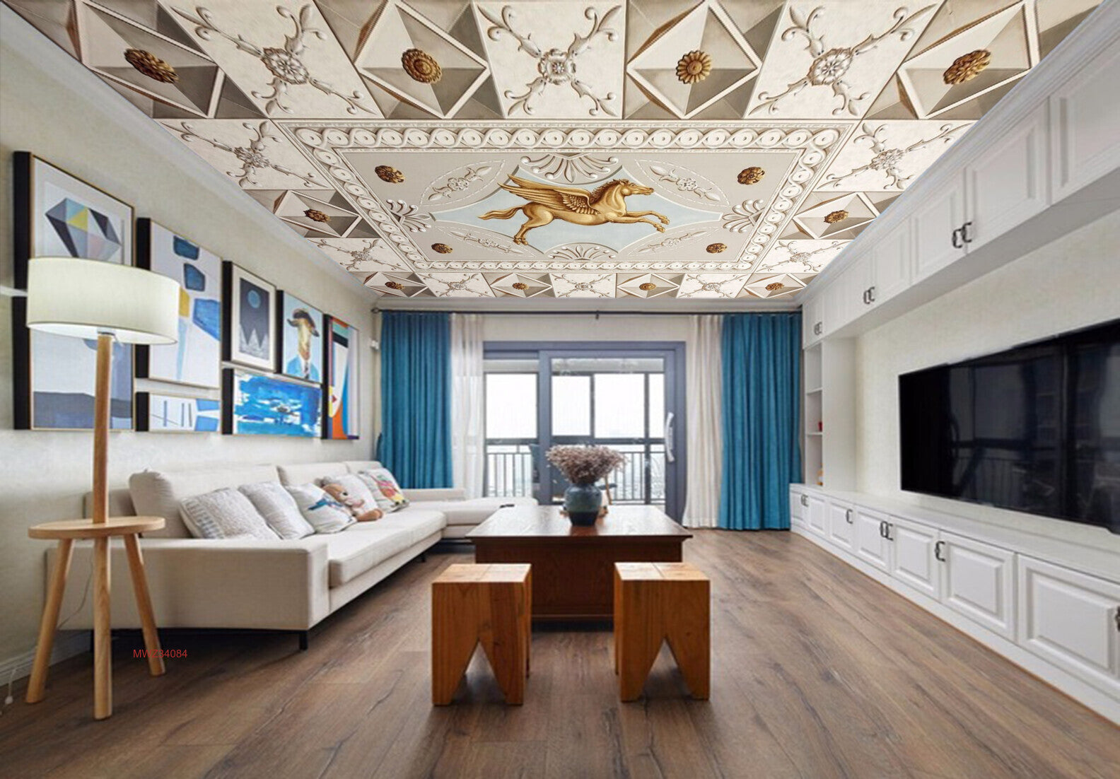 Avikalp MWZ3408 Golden Horse Flowers Tiles HD Wallpaper for Ceiling