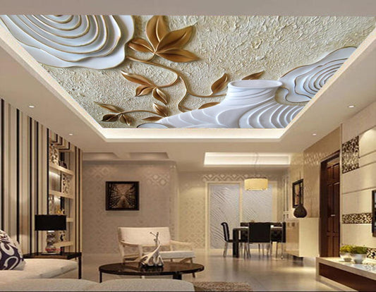 Avikalp MWZ3409 Golden Leaves White Flowers HD Wallpaper for Ceiling