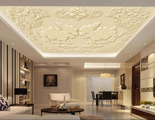 Avikalp MWZ3410 Creamy White Flowers Leaves HD Wallpaper for Ceiling