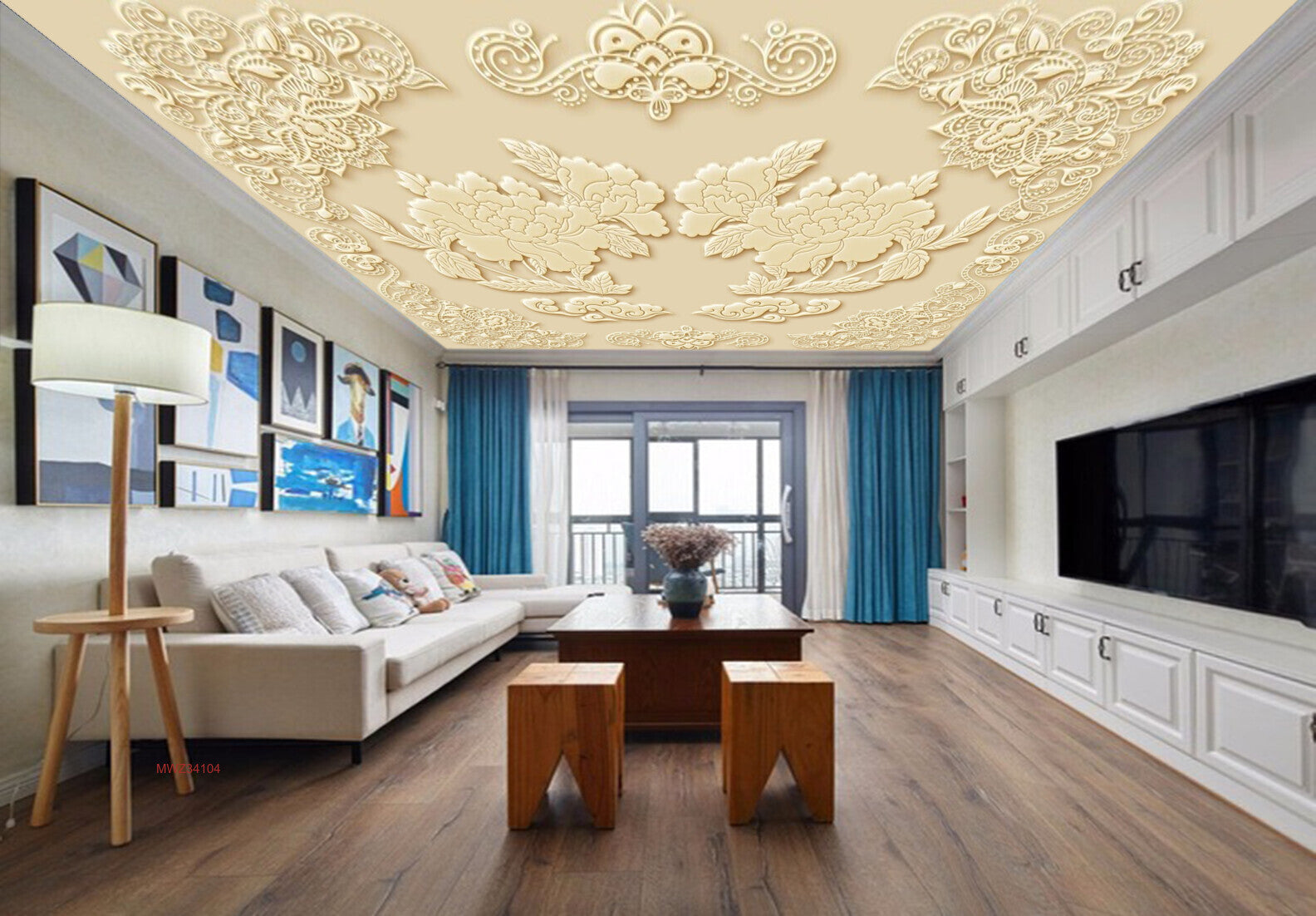 Avikalp MWZ3410 Creamy White Flowers Leaves HD Wallpaper for Ceiling