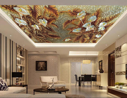 Avikalp MWZ3418 Golden Leaves White Flowers HD Wallpaper for Ceiling