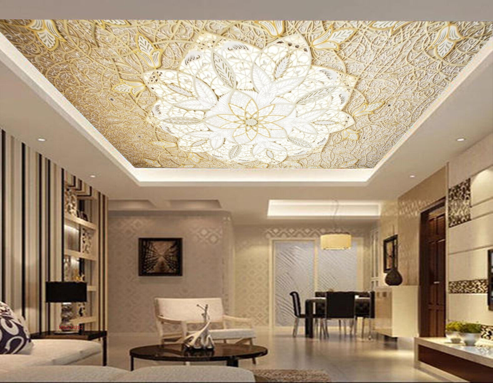 Avikalp MWZ3428 White Cream Flowers HD Wallpaper for Ceiling