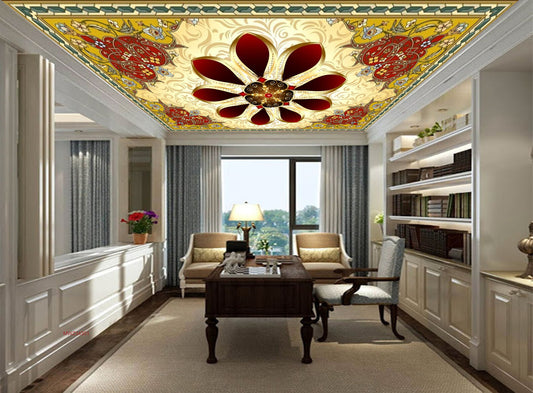 Avikalp MWZ3430 Red Cream Flowers Designs HD Wallpaper for Ceiling