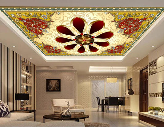 Avikalp MWZ3430 Red Cream Flowers Designs HD Wallpaper for Ceiling