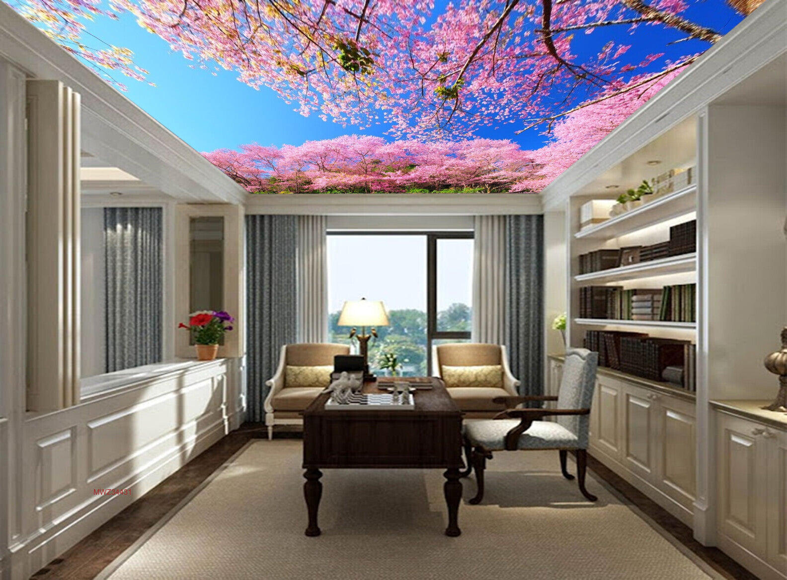 Avikalp MWZ3443 Pink Flowers Trees Birds HD Wallpaper for Ceiling