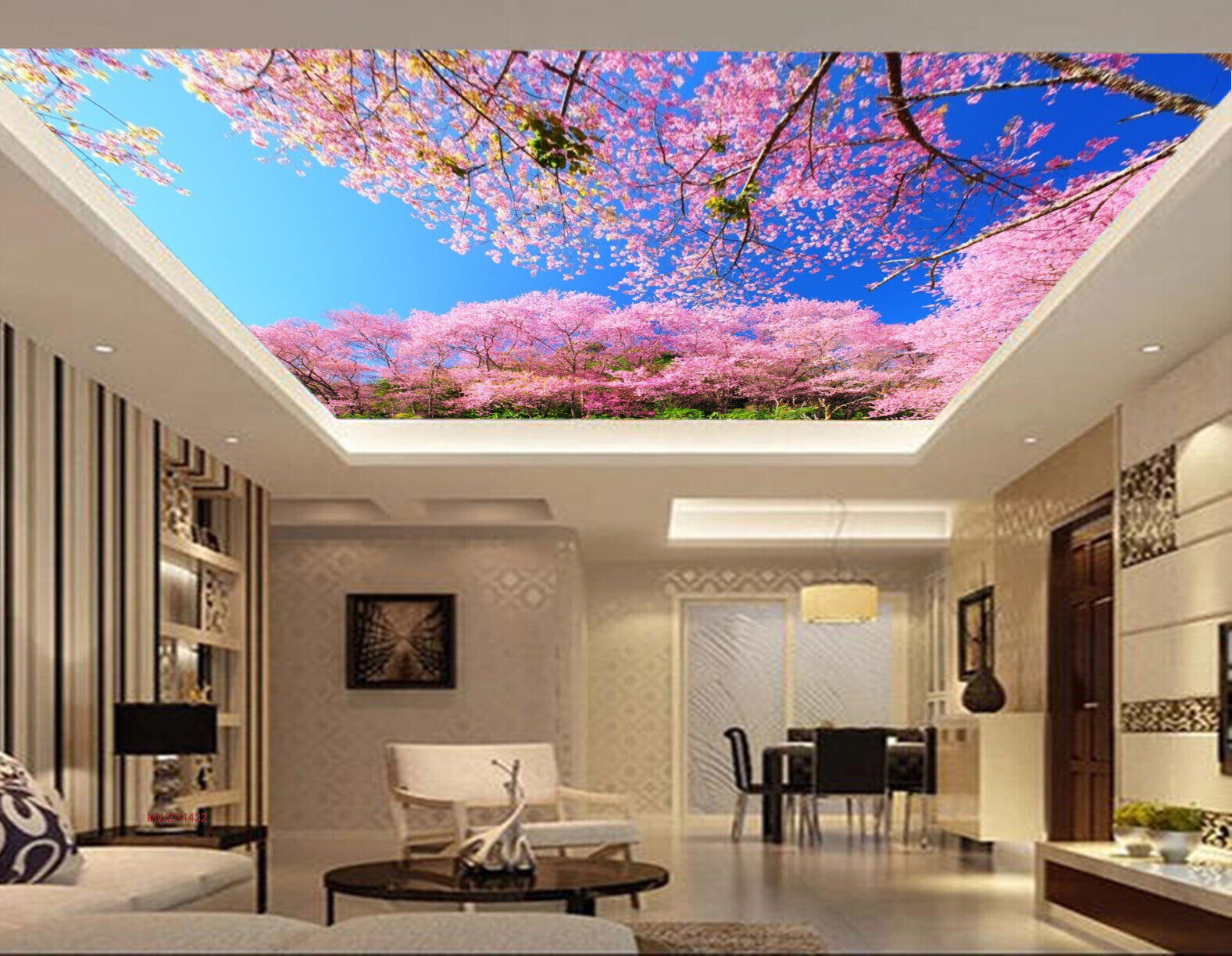 Avikalp MWZ3443 Pink Flowers Trees Birds HD Wallpaper for Ceiling