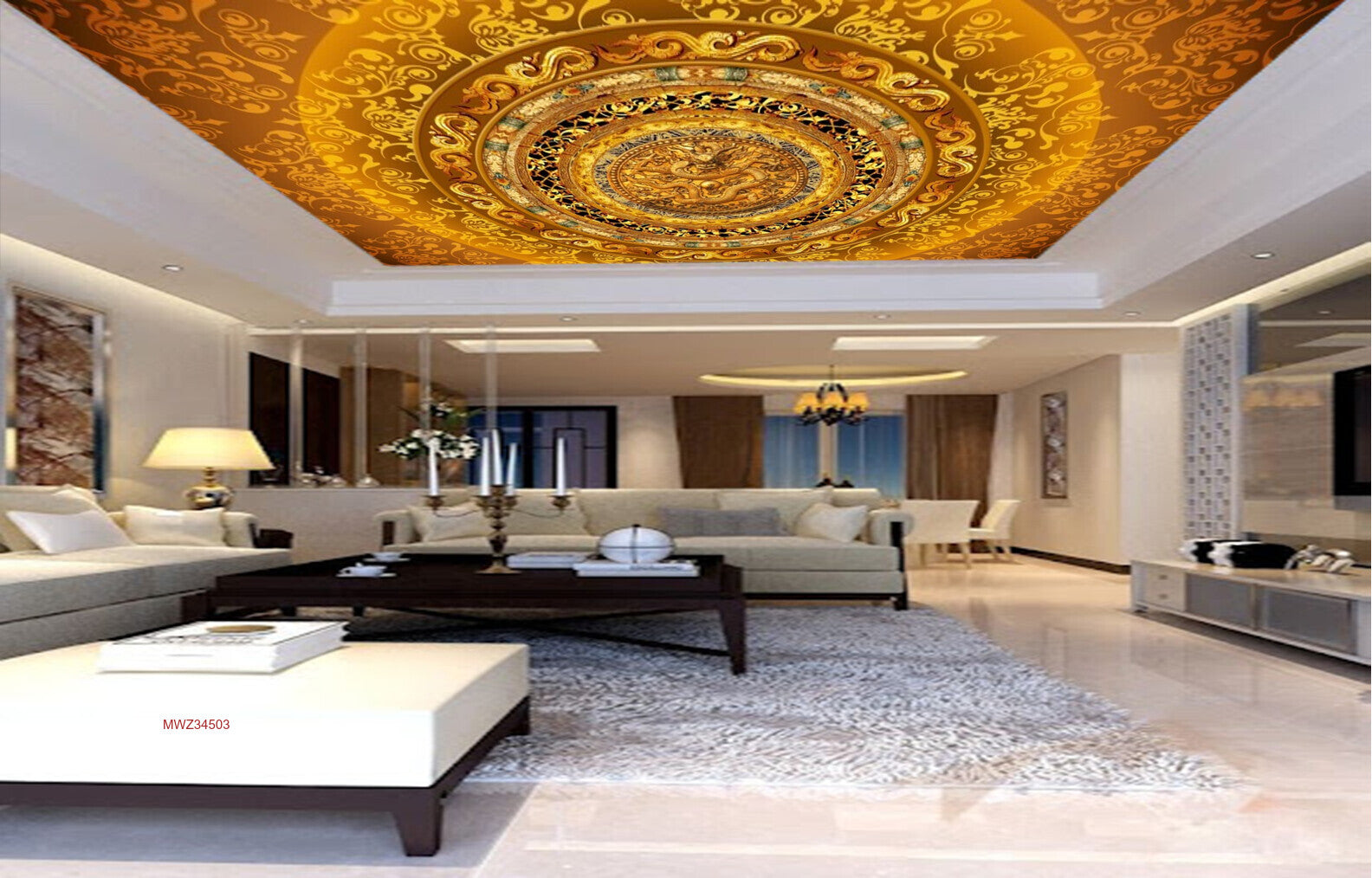 Avikalp MWZ3450 Golden Orange Flower Mandala Design HD Wallpaper for Ceiling