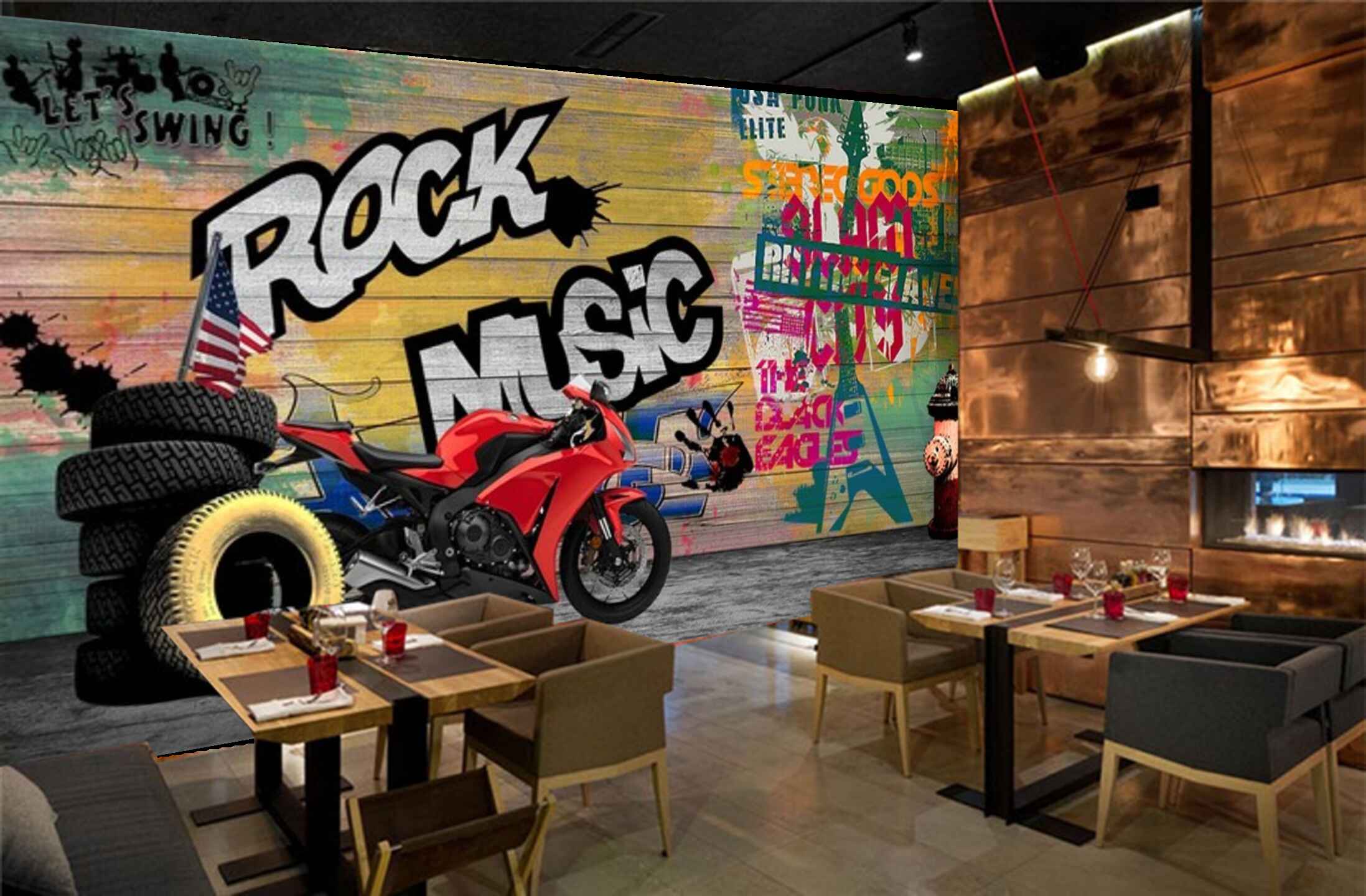 Avikalp MWZ3521 Rock Music Red Bike Tyres HD Wallpaper for Disco Club Karaoke