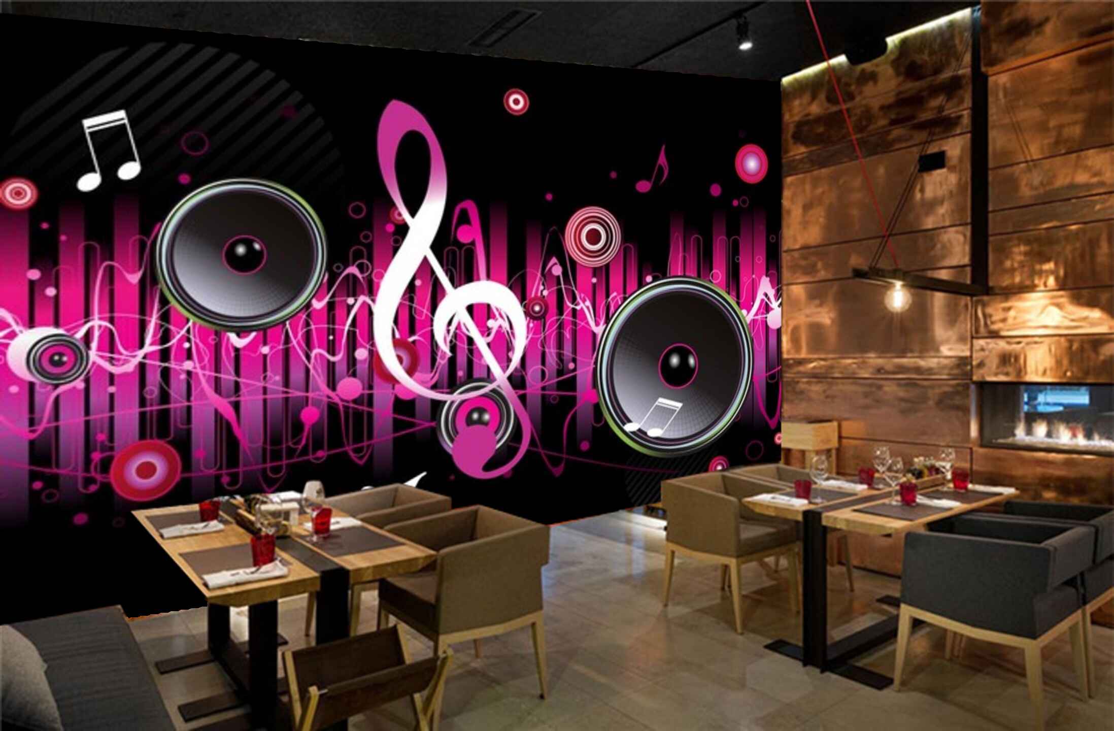 Avikalp MWZ3527 Pink Black Musical Signs Mics HD Wallpaper for Disco Club Karaoke