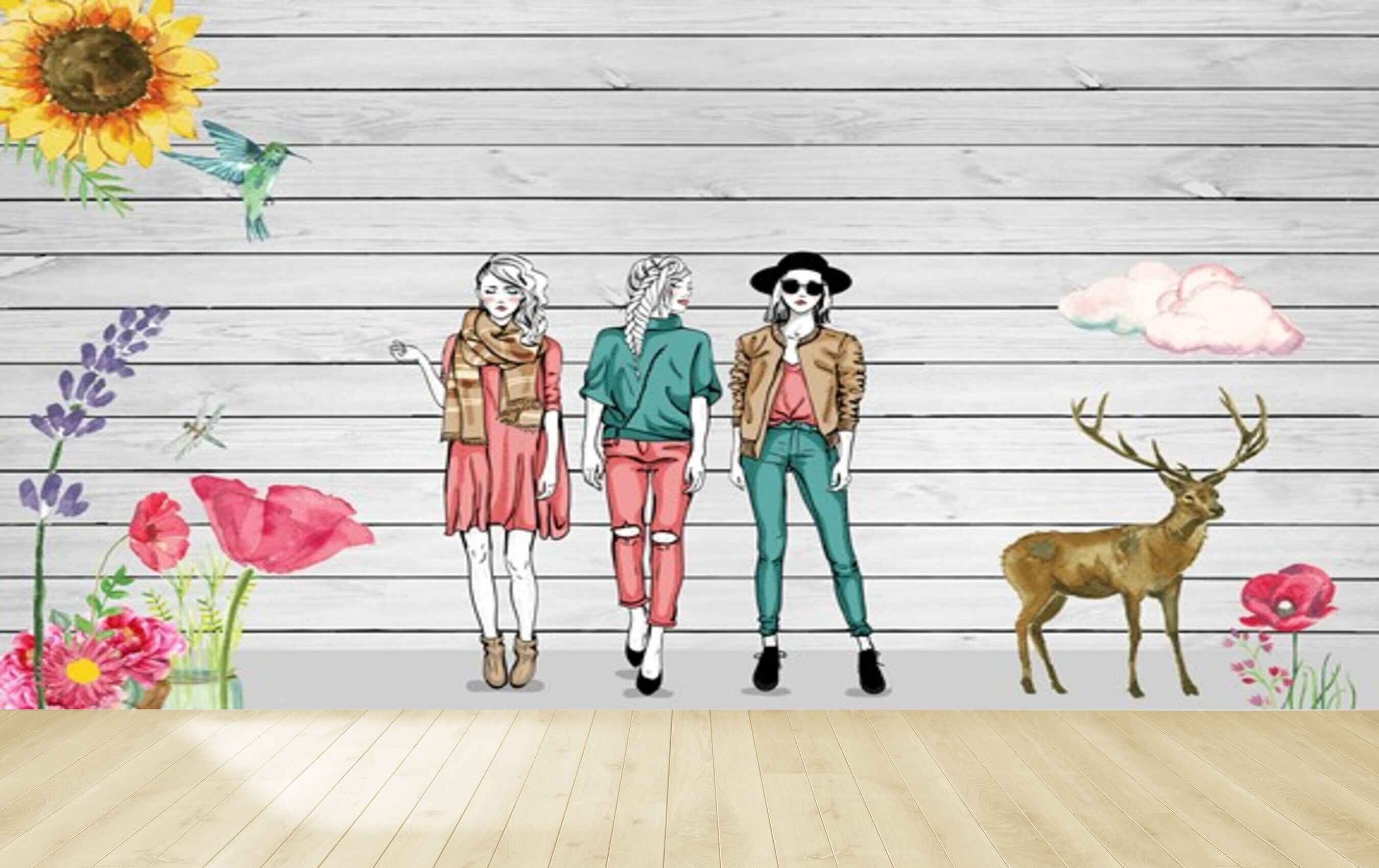 Avikalp MWZ3572 Fashion Girls Deer Pink Yellow Flowers HD Wallpaper for Fashion Boutique