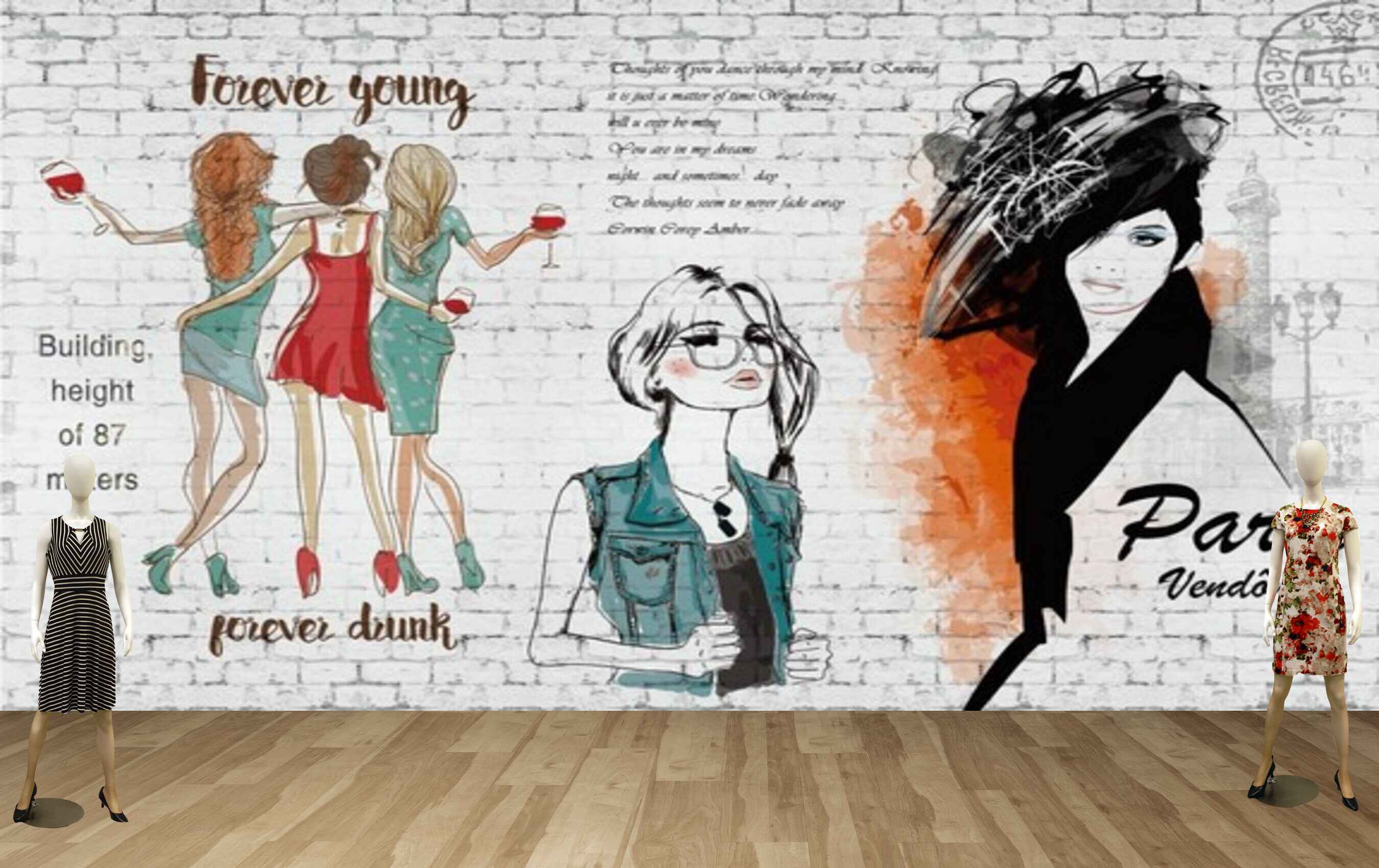 Avikalp MWZ3581 Fashion Forever Young Drunk Girls Paris HD Wallpaper for Fashion Boutique
