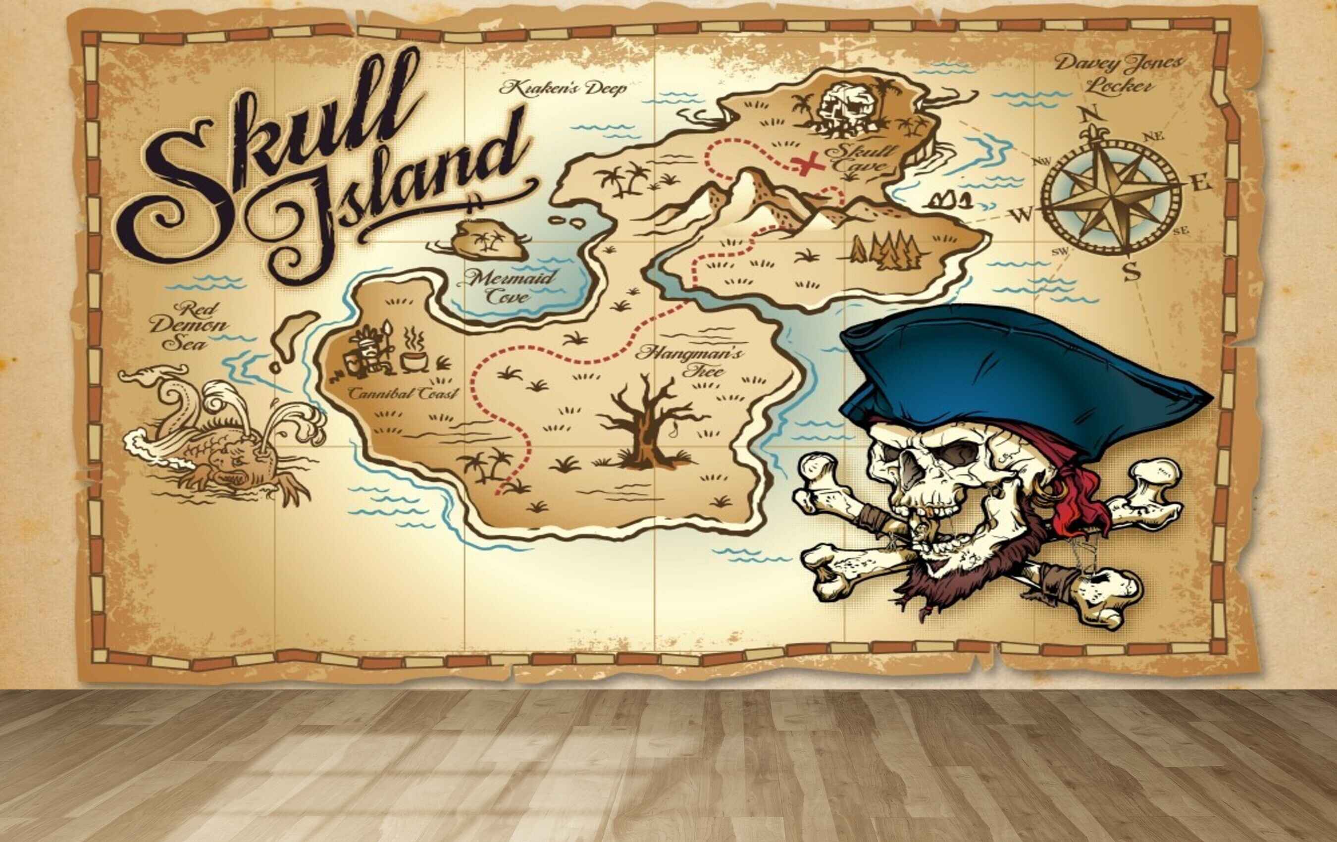 Avikalp MWZ3619 Skull Island North Direction Compass Map HD Wallpaper