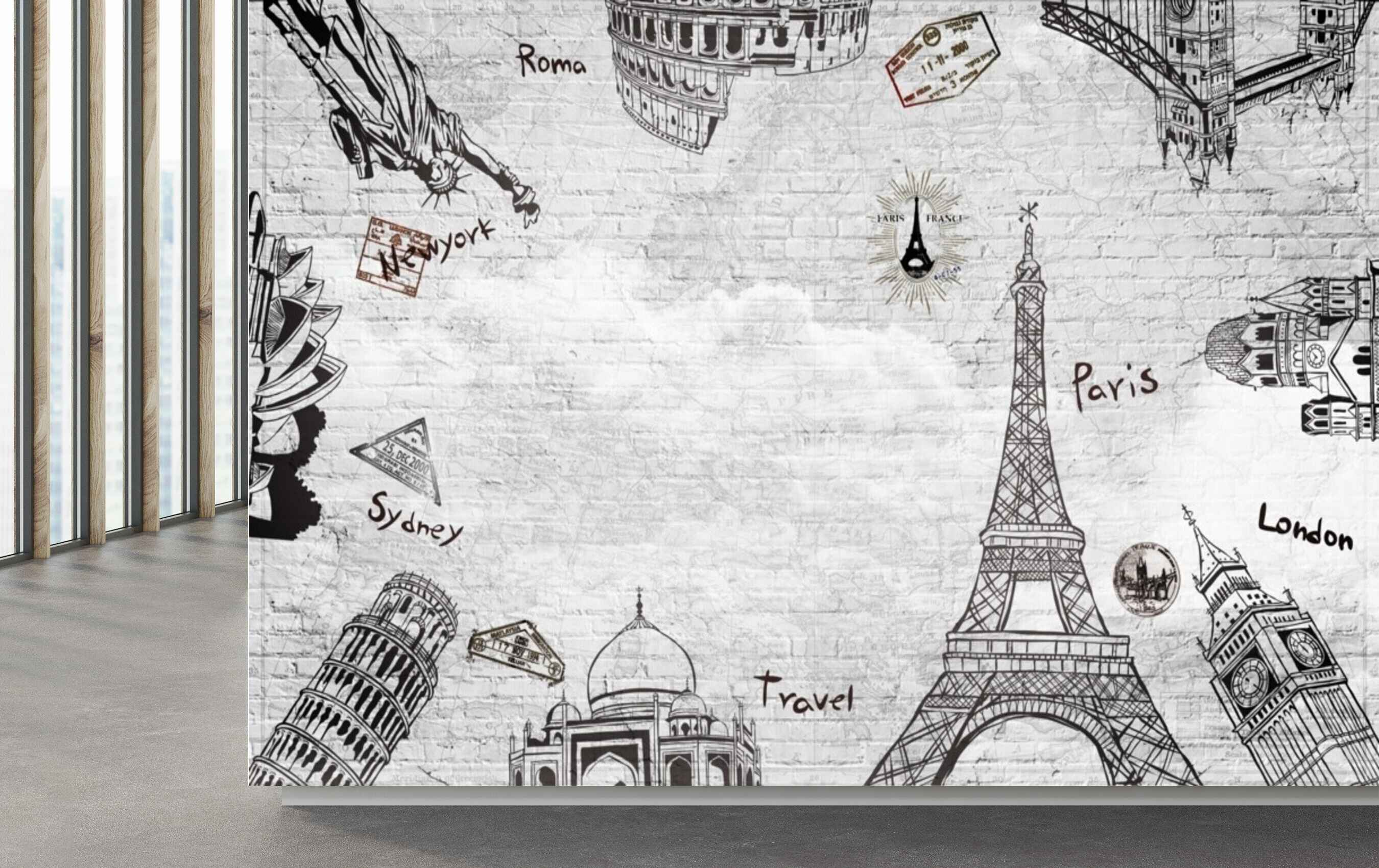 Avikalp MWZ3623 Manuments Paris London Sydney Newyork Travel World Map HD Wallpaper