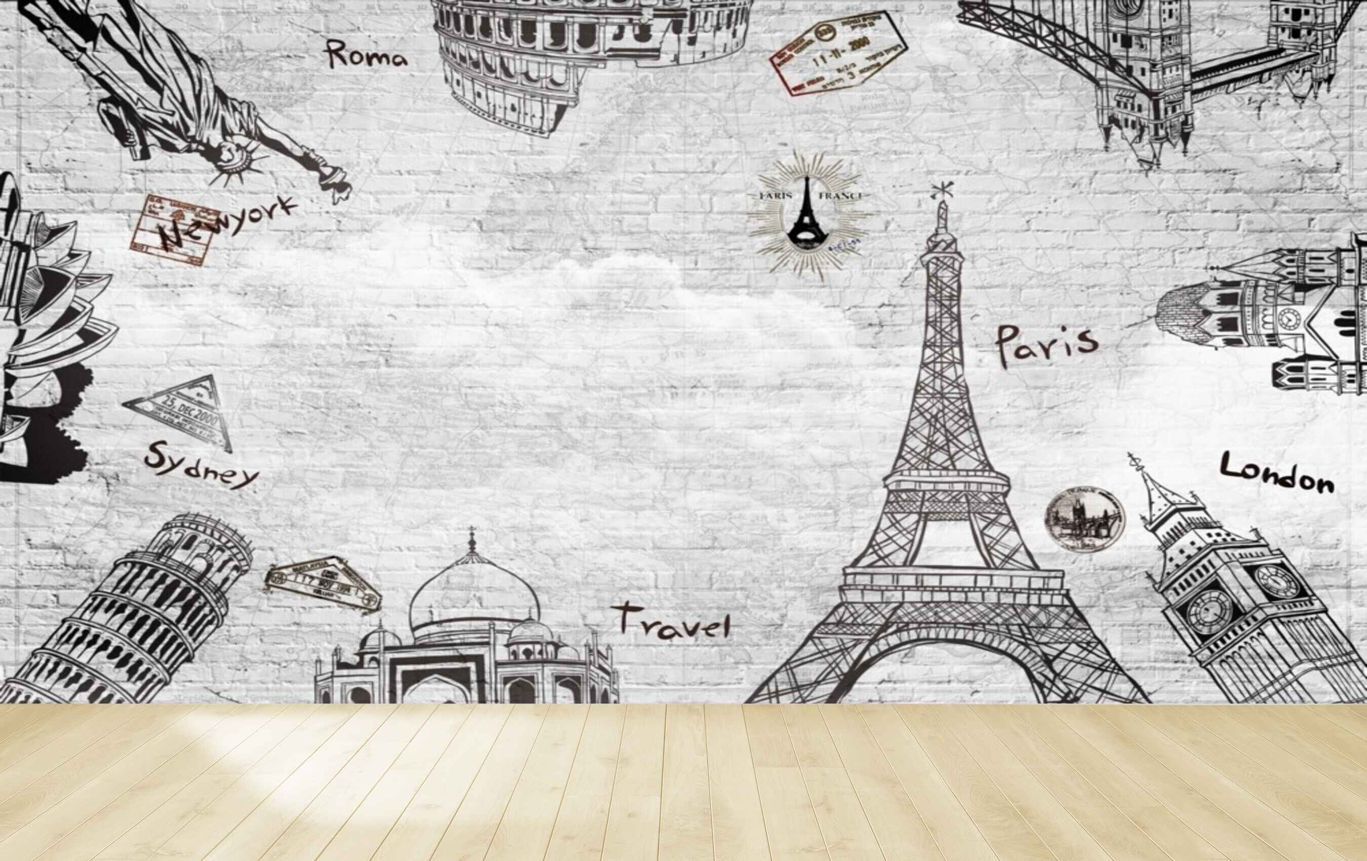 Avikalp MWZ3623 Manuments Paris London Sydney Newyork Travel World Map HD Wallpaper