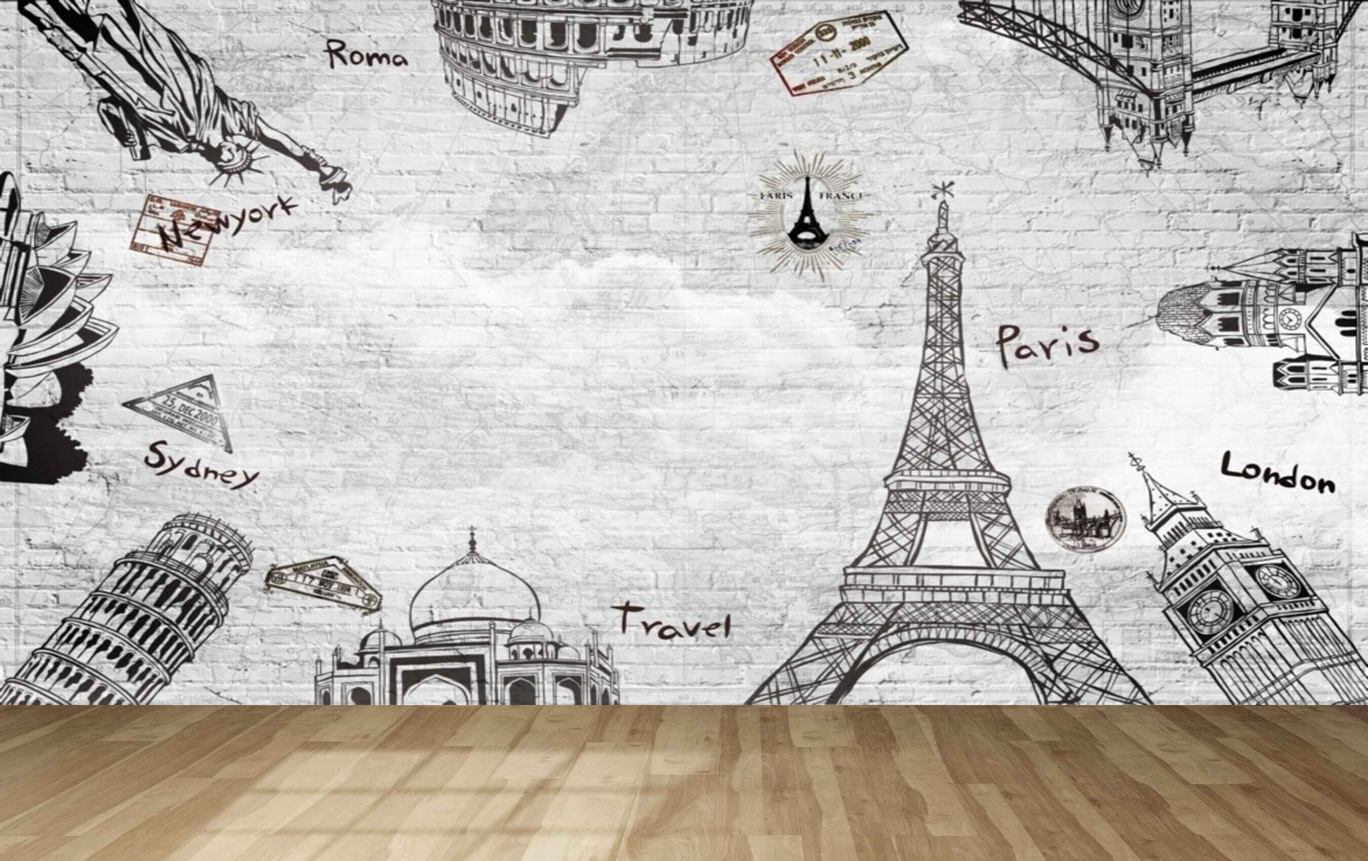 Avikalp MWZ3623 Manuments Paris London Sydney Newyork Travel World Map HD Wallpaper