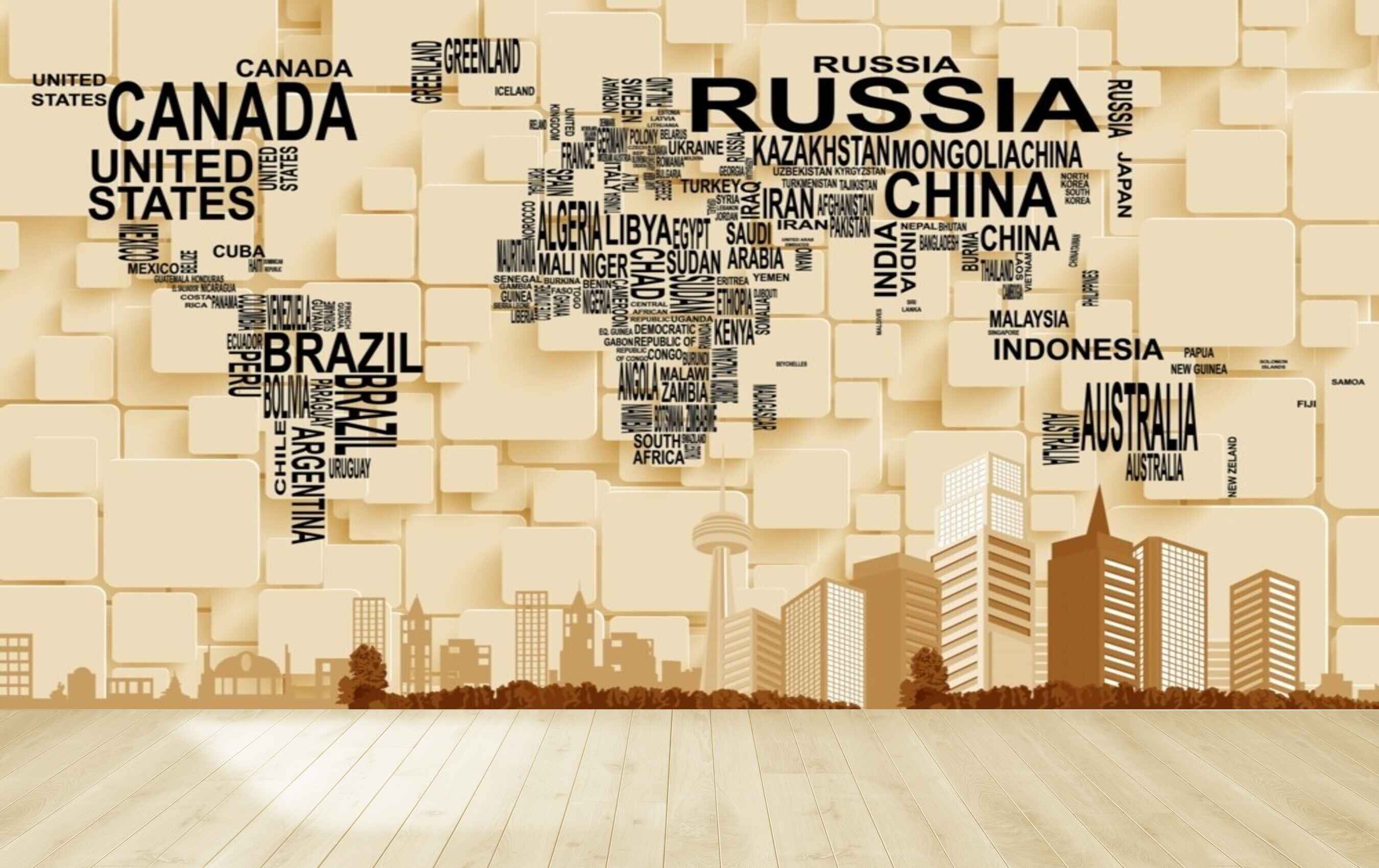 Avikalp MWZ3626 World Map Buildings Countries Names HD Wallpaper