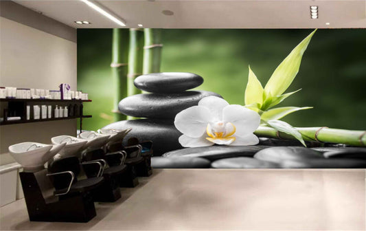 Avikalp MWZ3647 White Flowers Leaves Stones HD Wallpaper for Spa