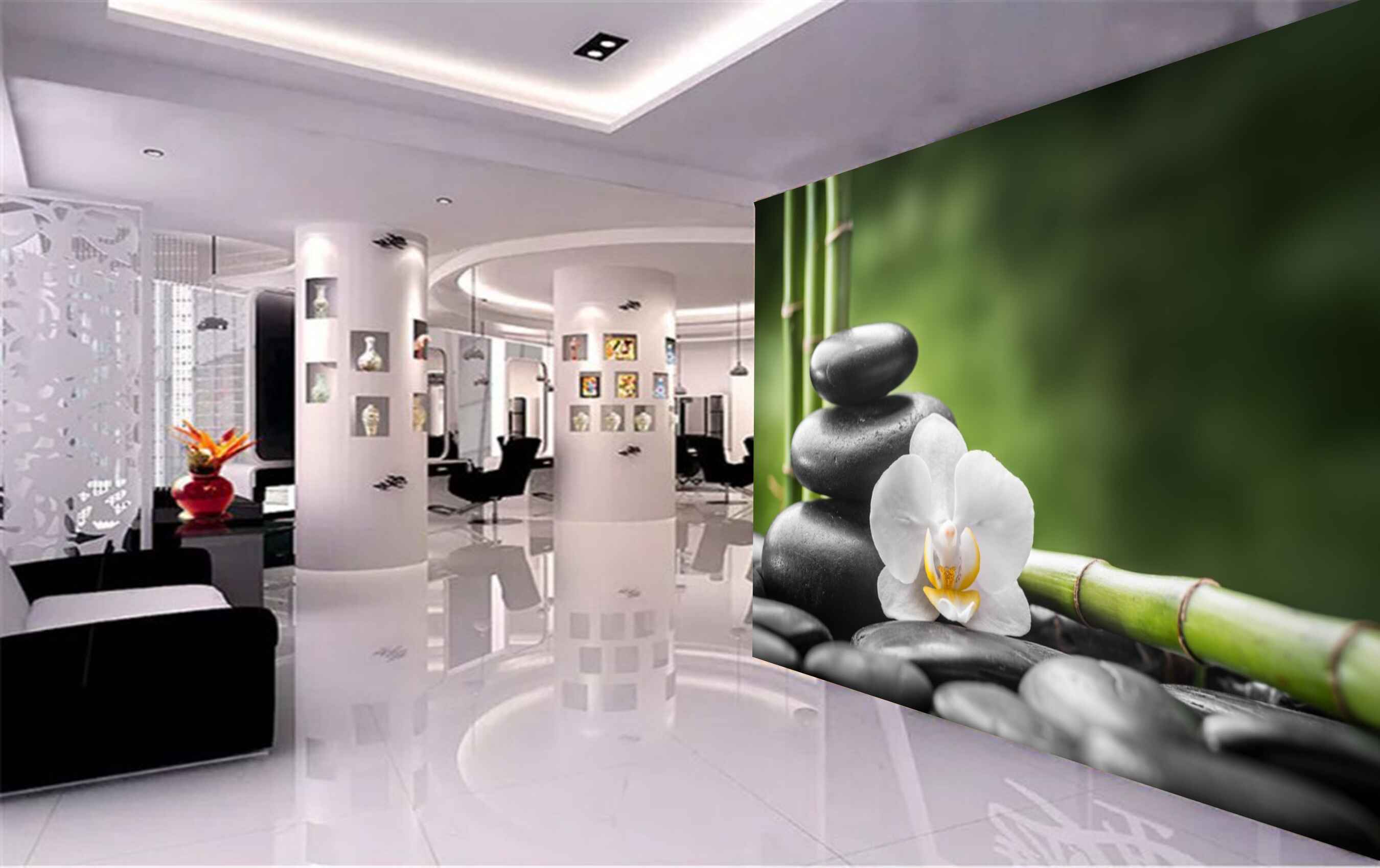 Avikalp MWZ3652 White Flowers Stones Green Stems Leaves HD Wallpaper for Spa