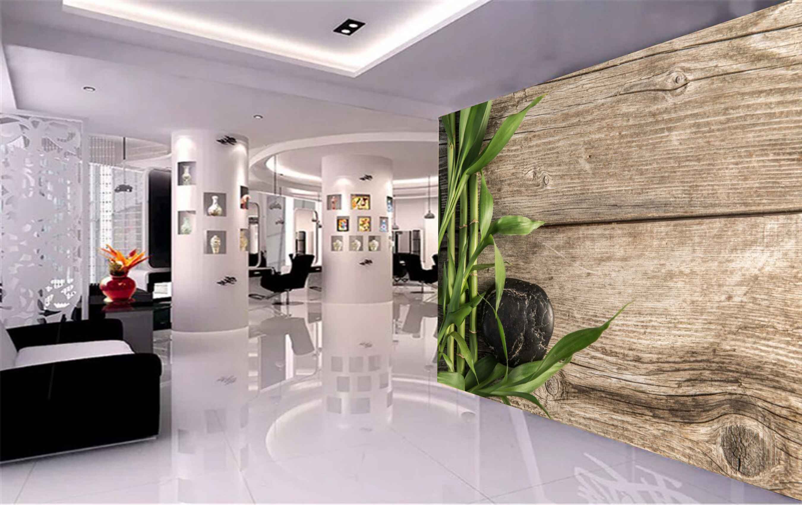 Avikalp MWZ3654 Green Stems Leaves Black Stones Wooden Board HD Wallpaper for Spa