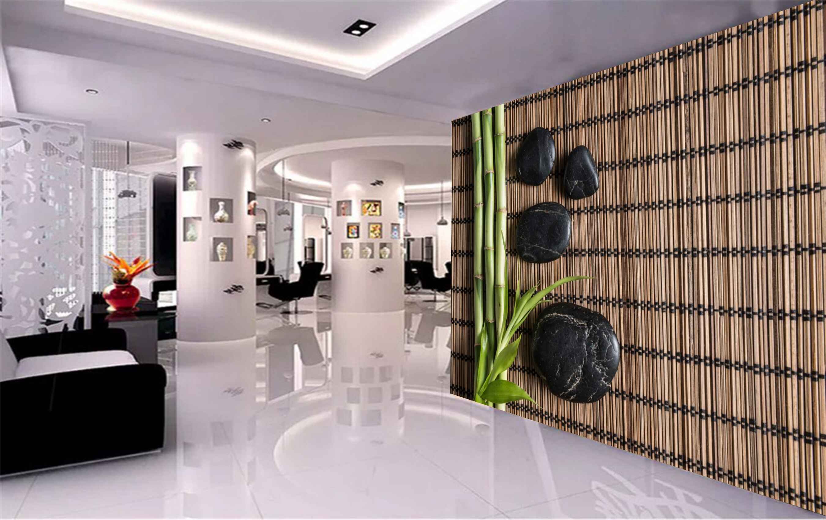 Avikalp MWZ3656 Stems Leaves Black Stones Wooden Mat HD Wallpaper for Spa