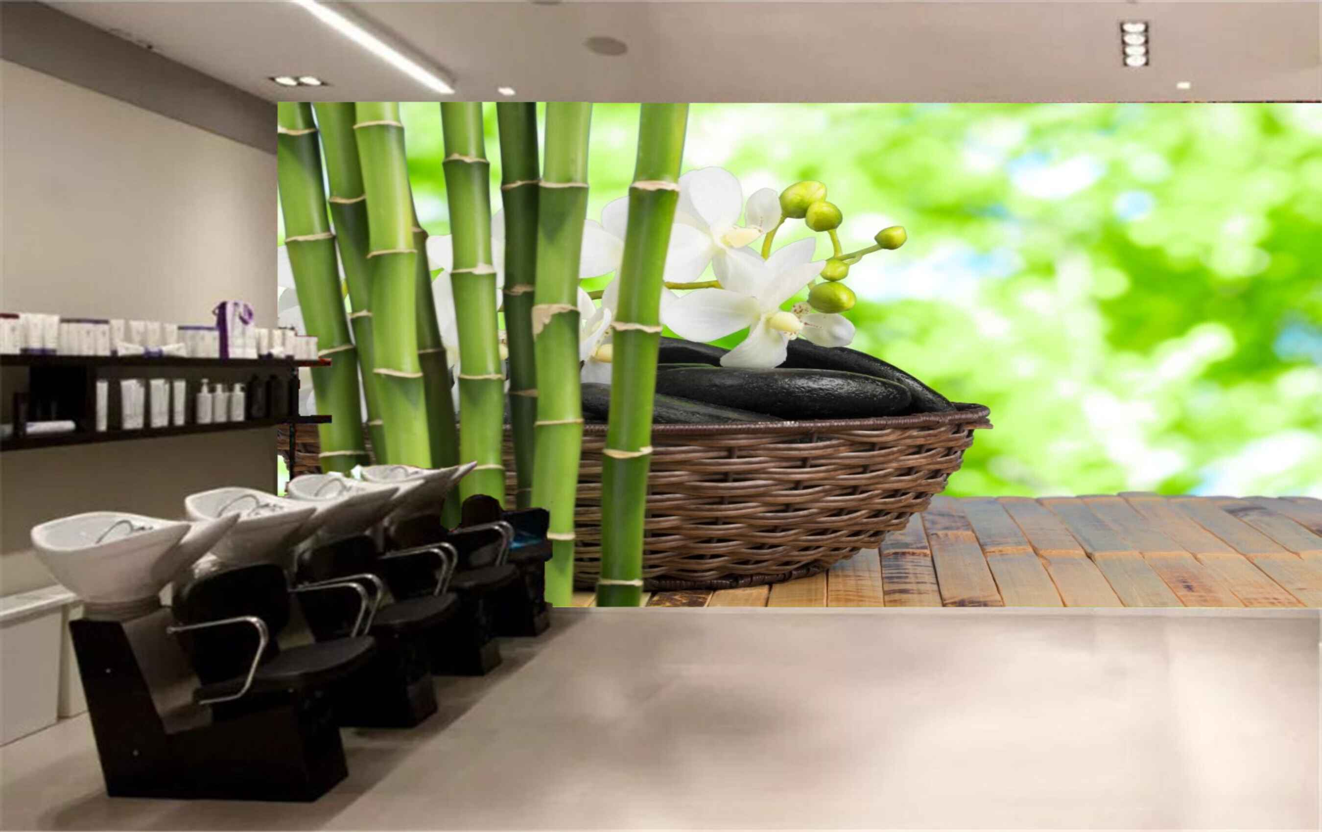 Avikalp MWZ3663 Wooden Basket Trees Stems White Flowers Stones HD Wallpaper for Spa