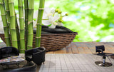 Avikalp MWZ3663 Wooden Basket Trees Stems White Flowers Stones HD Wallpaper for Spa
